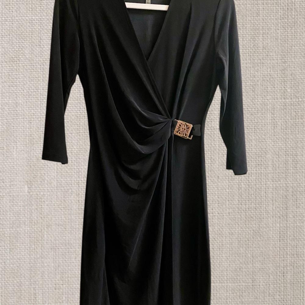 Ann Klein Elegant Black Dress with Gold Waist Accent. #N096